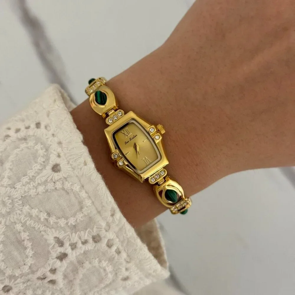 SKU0071Casual Gold Green Gemstones Women Fashion Watch‎ stainless steel+gift bag